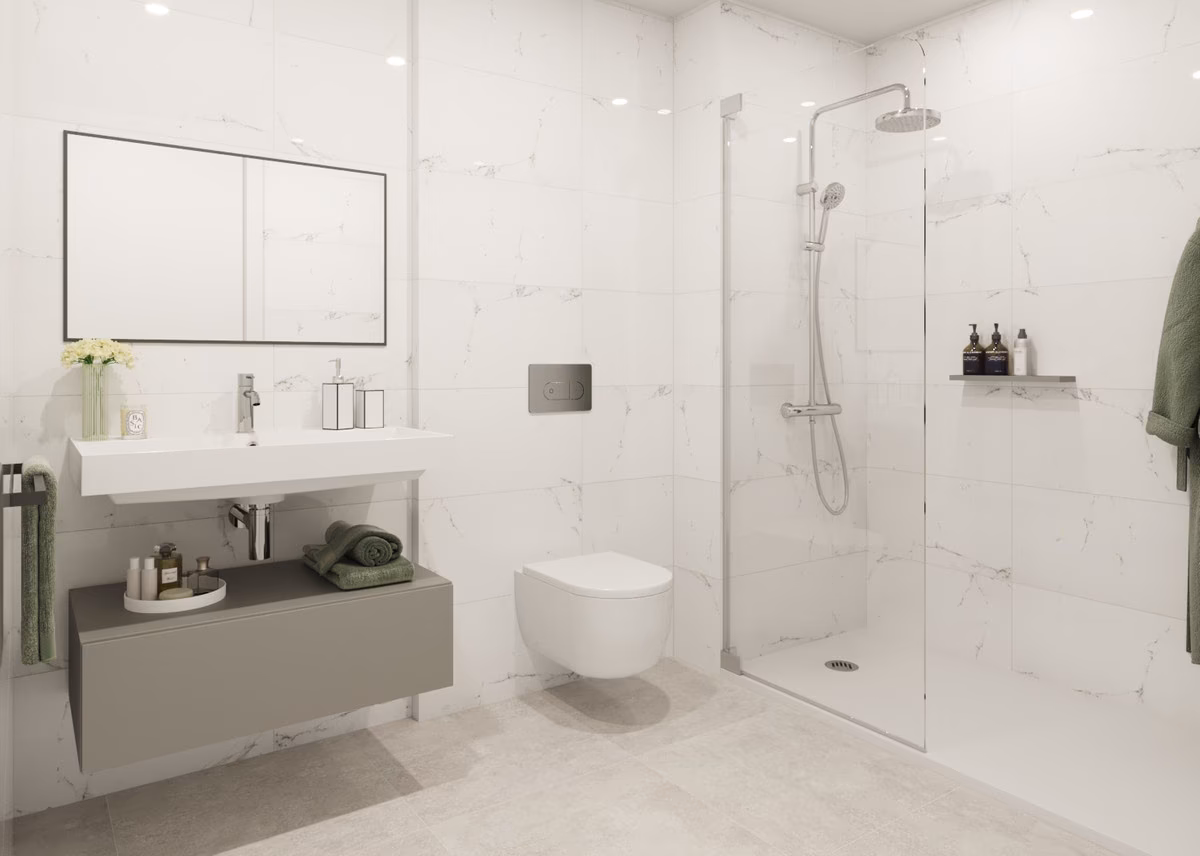 Bad mit bodengleicher Dusche und schwebendem Waschtisch