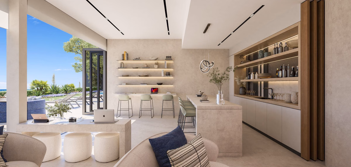 Kitchen island with bar stools and shelving, open to the garden