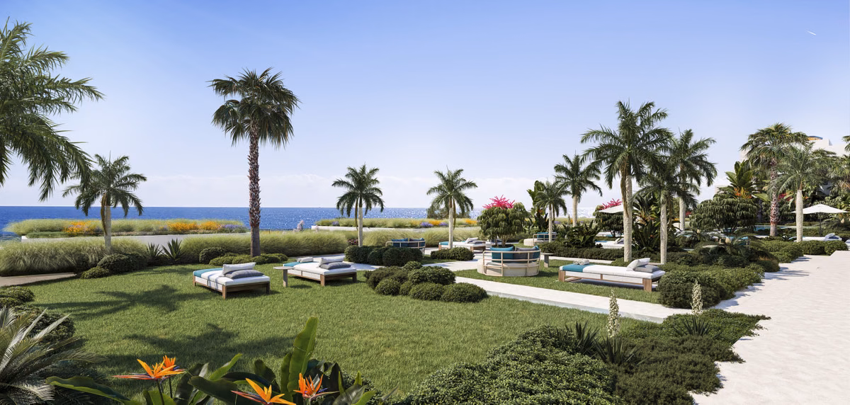 Landscaped communal gardens with palm trees and the sea in the distance