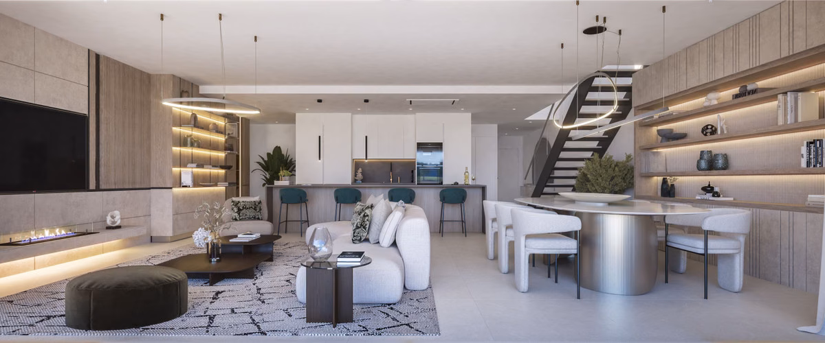 Living room with a staircase, dining table and kitchen