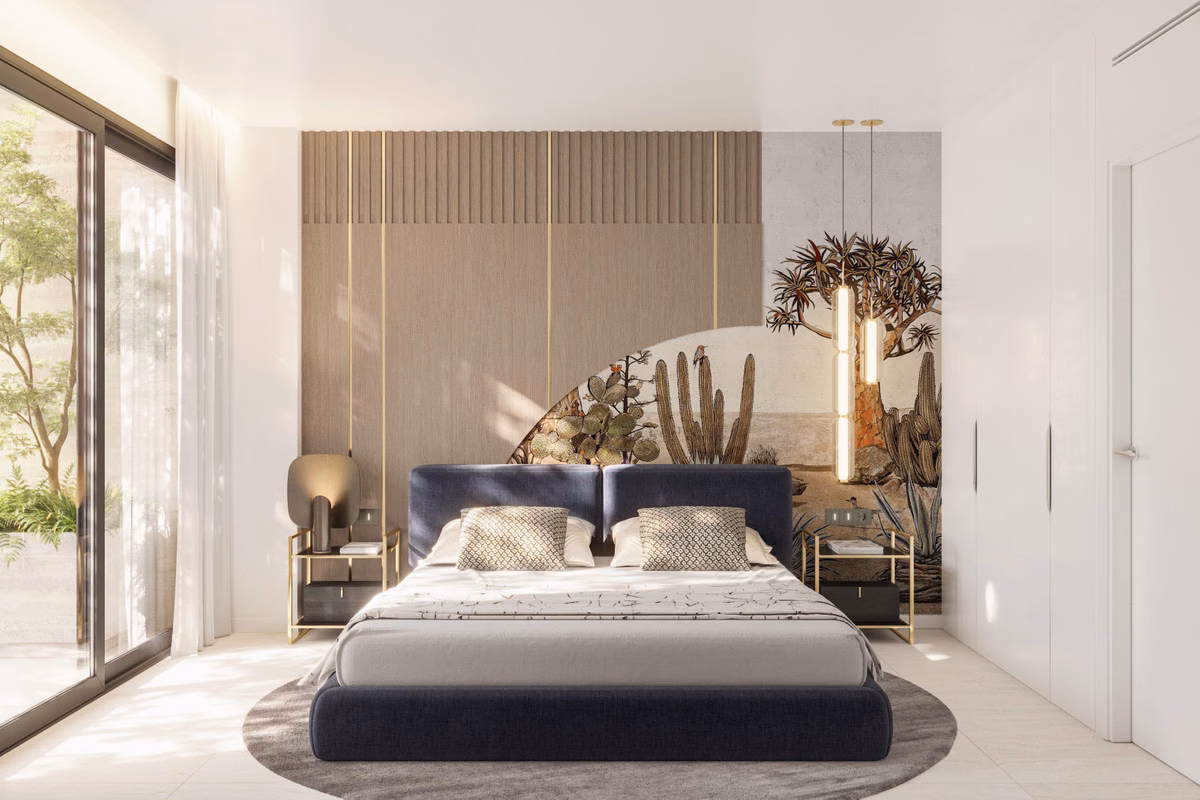 Bedroom with a panelled wall and a pendant light