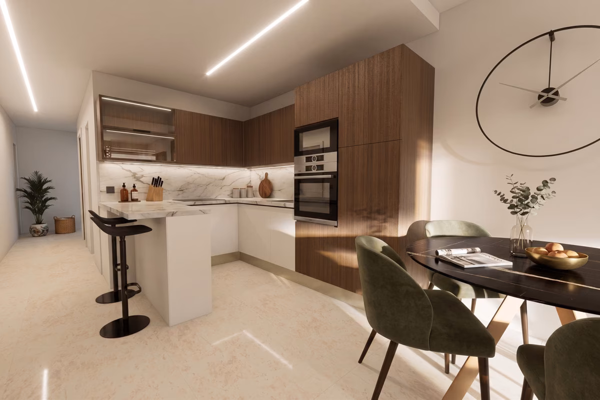 Kitchen island with bar stools next to the dining area