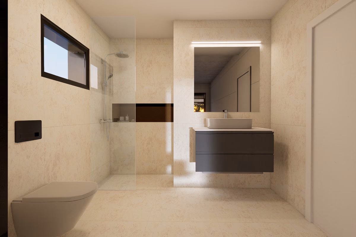 Bathroom with walk-in shower and stone-look tiles