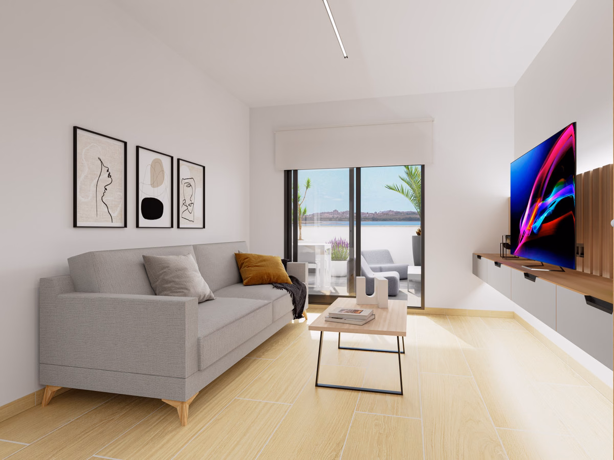 Wohnzimmer mit Terrassenverglasung zur Lagune, Oasis Laguna 2
