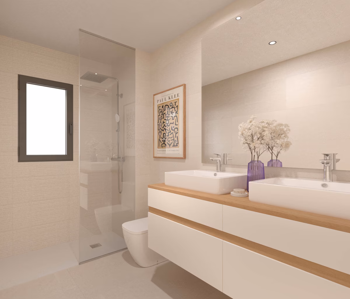 Bad mit Doppelwaschtisch und bodengleicher Dusche in einer Wohnung von One Oak