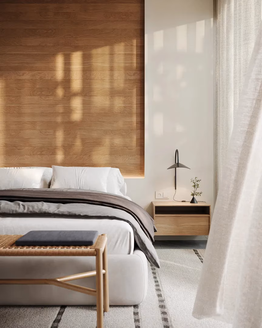 Bedroom with timber-panelled wall at Pine Valley Villas