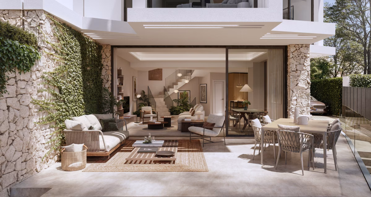 Living room behind full-height glazing
