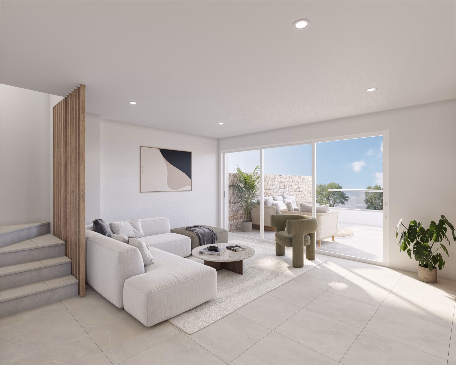 Living room with internal stairs opening to the terrace