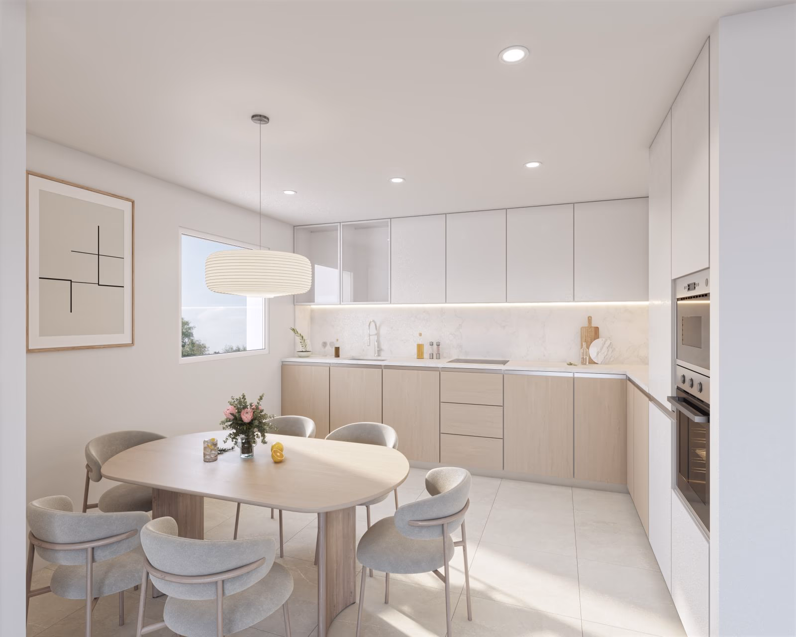 Fitted kitchen with a dining area