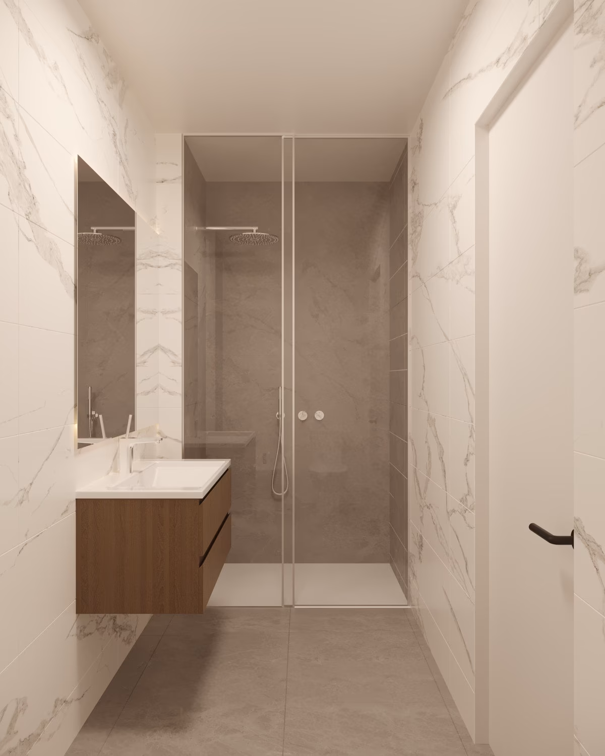 Ducha con mampara junto a un mueble de lavabo suspendido