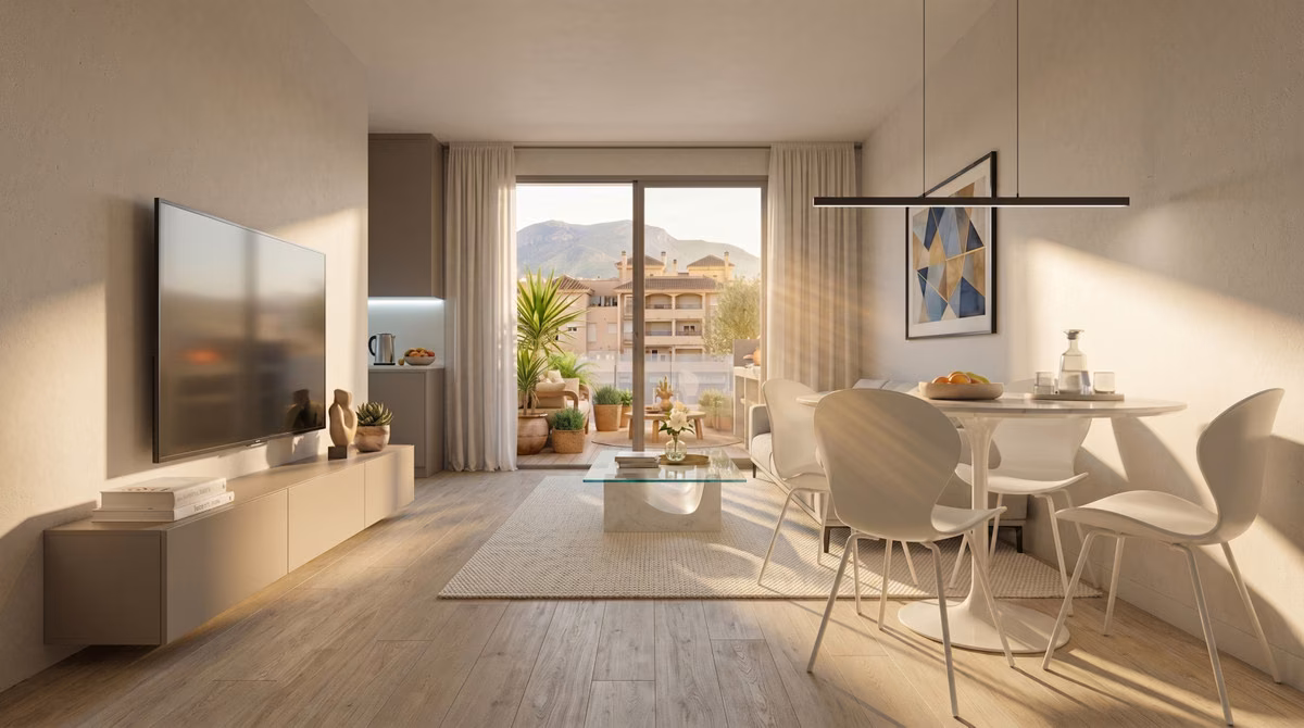 Living and dining room with full-height window onto the terrace