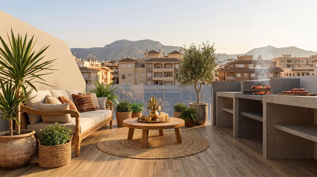 Penthouse roof terrace with lounge sofa, olive tree and built-in barbecue