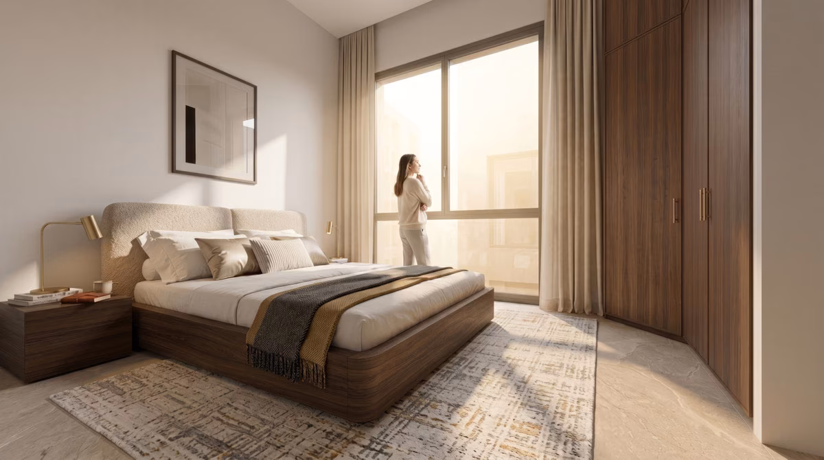 Main bedroom with double bed and large window