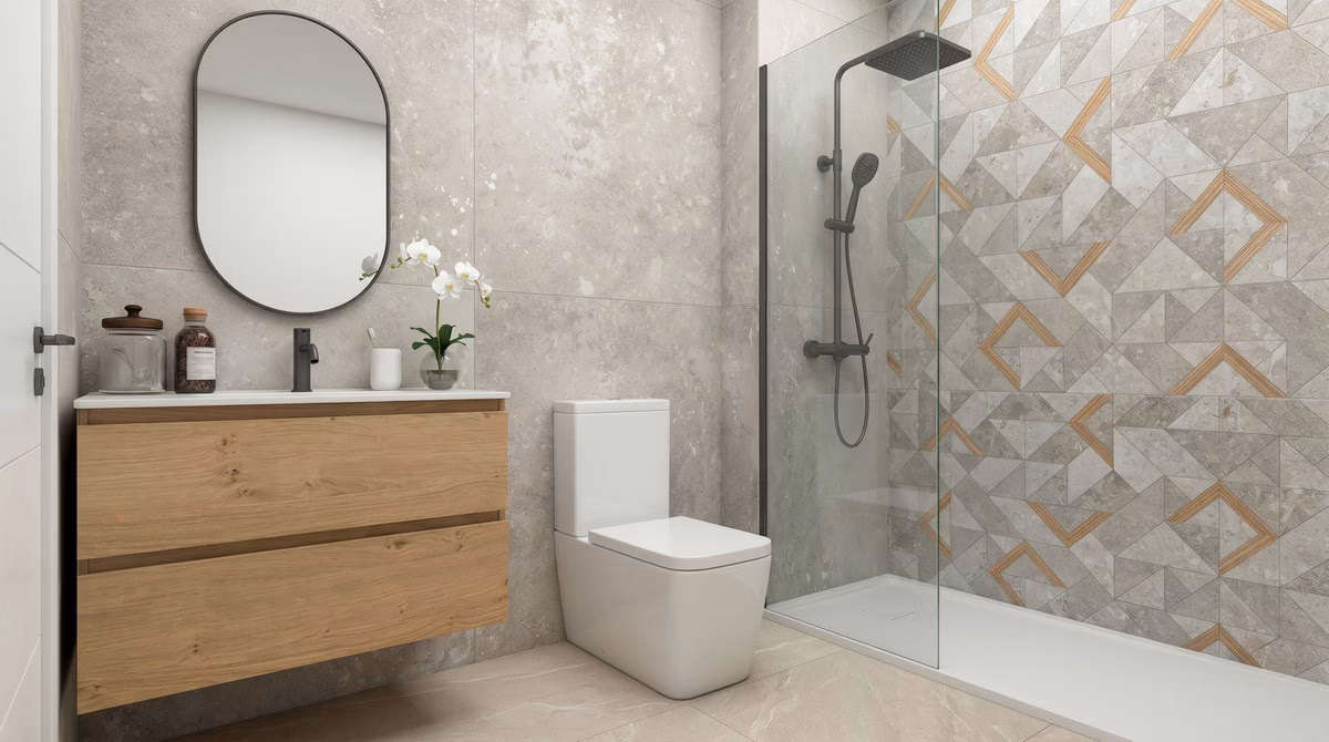 Bathroom with walk-in shower, wooden vanity and round mirror