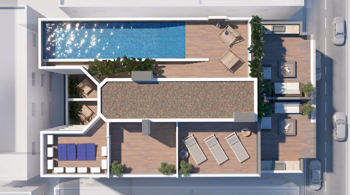 Aerial view of the roof with pool, sun loungers and private terraces