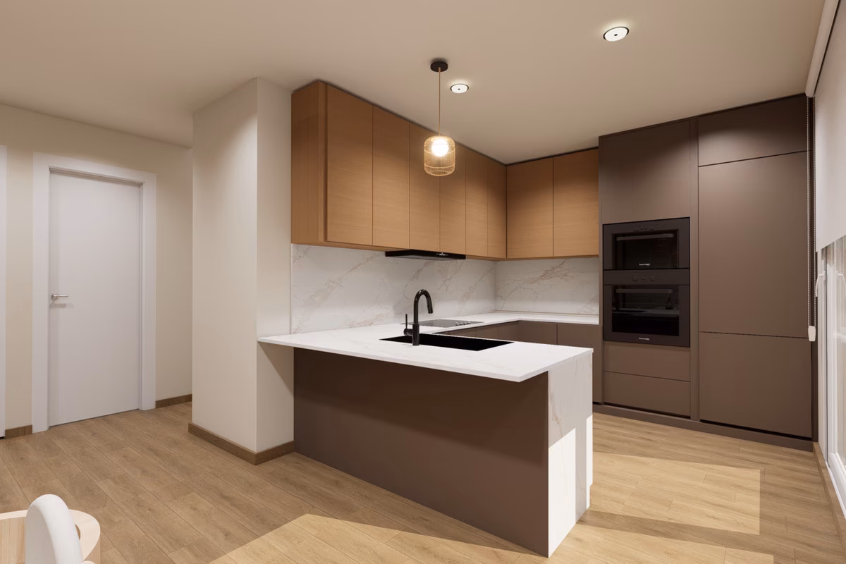 Kitchen with wood-finish units and breakfast bar in a Residencial Aura villa