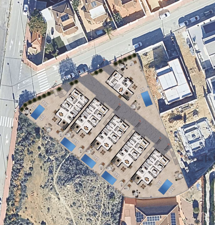 Aerial plan of the first phase of Residencial Aura with private pools, Rojales