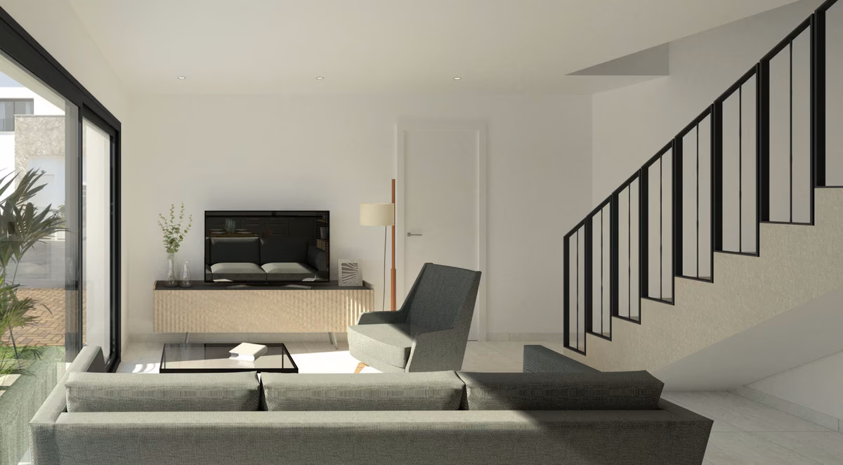 Salon z sofą, szafką RTV i schodami, Residencial Bahia