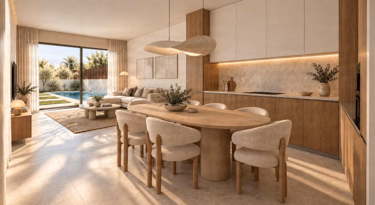 Impressie: eettafel naast de keuken met zicht op het zwembad