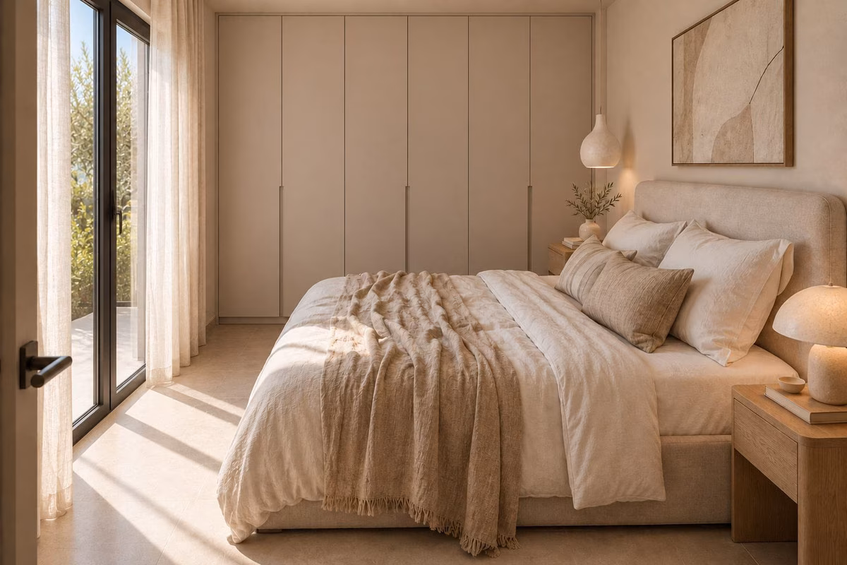 Impressie: slaapkamer met tweepersoonsbed en een kastenwand