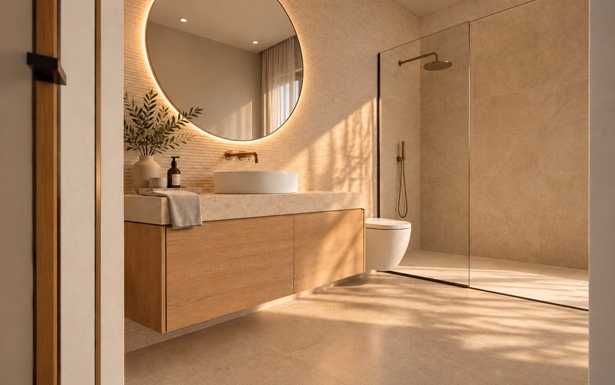 Impressie: badkamer met ronde spiegel en inloopdouche