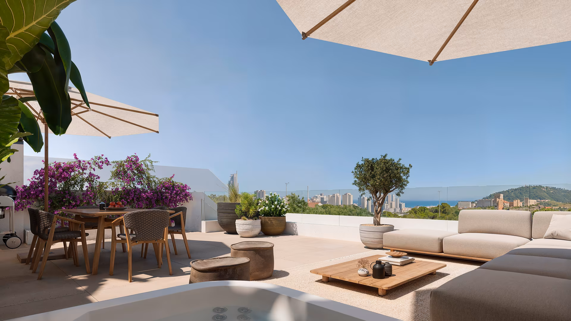 Außenansicht des Residencial Sonne Finestrat mit Kaskadenpools