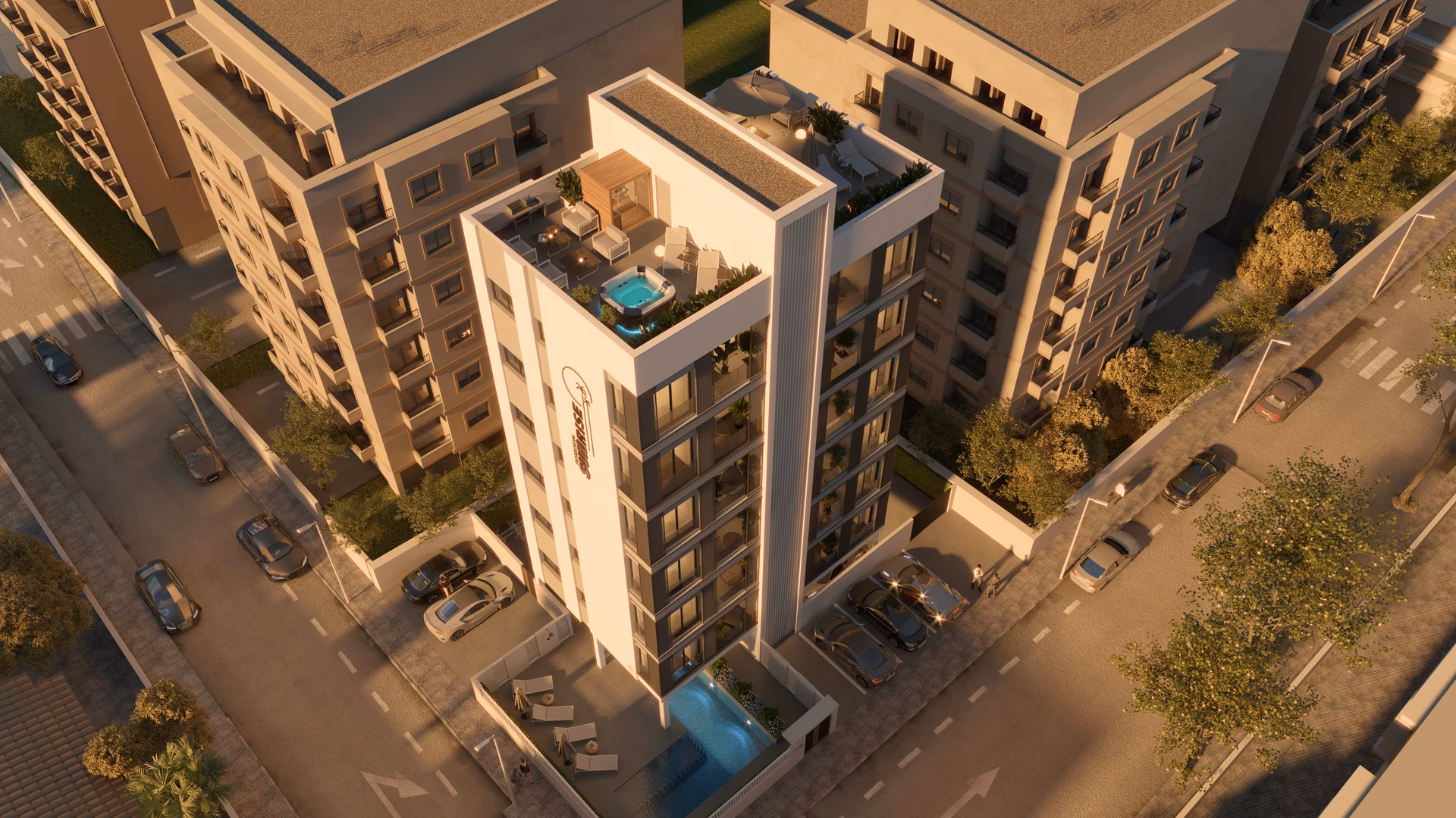 Vista aérea de la torre con solárium en la azotea, piscina y aparcamiento de residentes