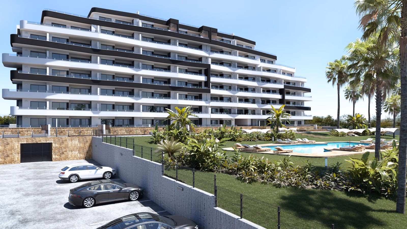 Salinas Gardens Gebäude mit Gemeinschaftspool und Bewohnerparkplätzen