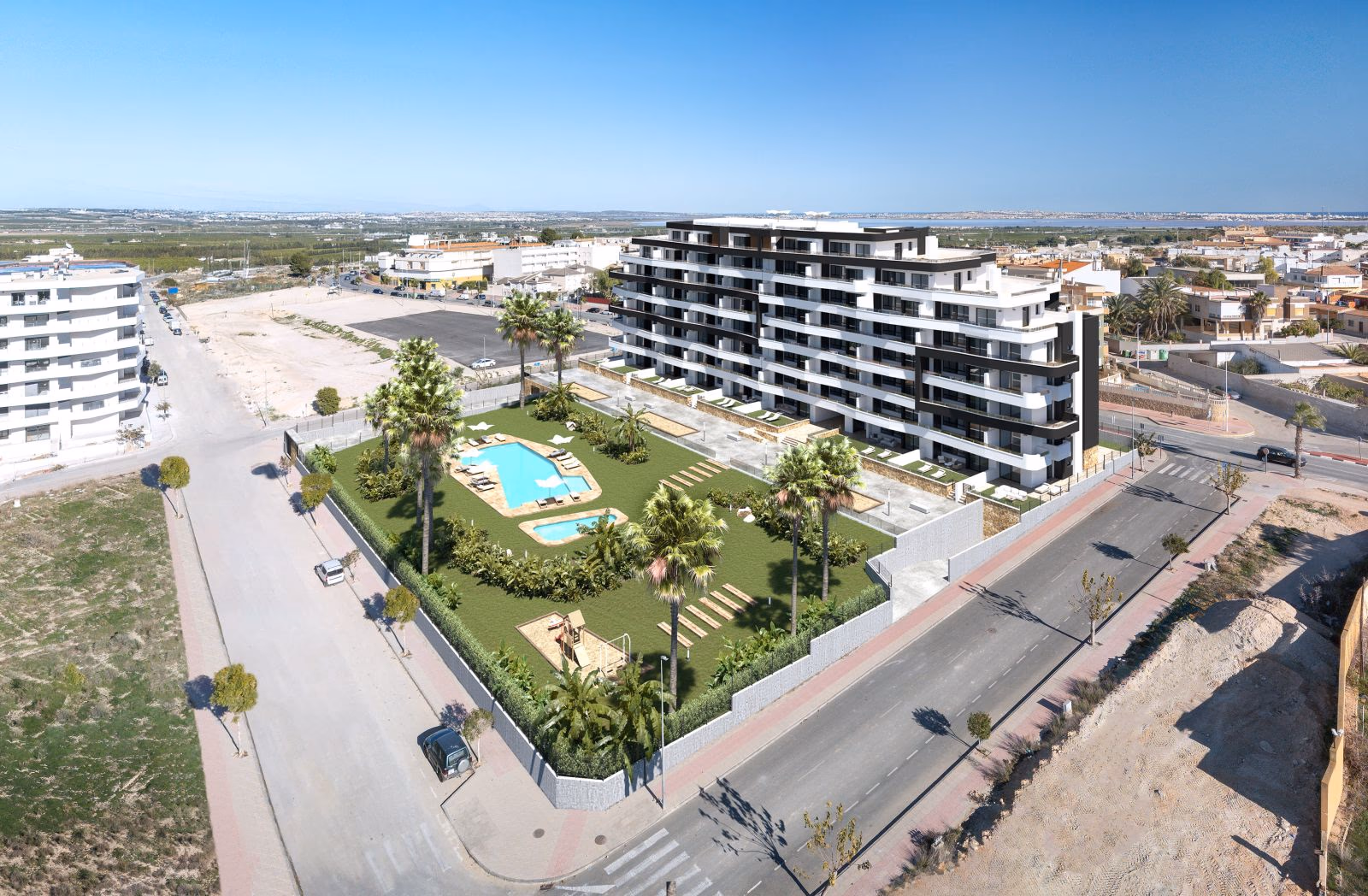Luftaufnahme von Salinas Gardens mit Pool und Gärten in San Miguel de Salinas