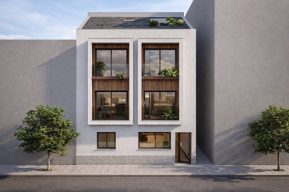 White façade with large windows, timber-clad balconies and planting