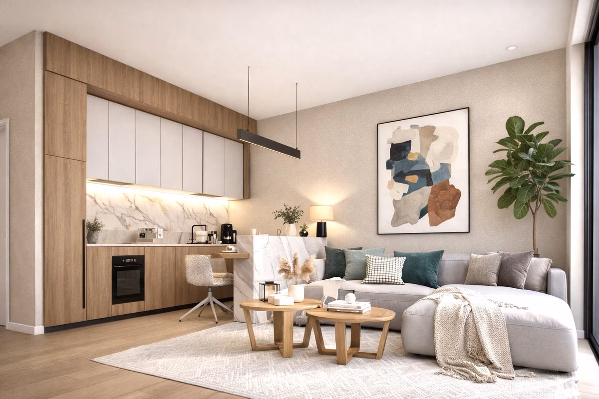 Open-plan living room with the fitted kitchen along the wall
