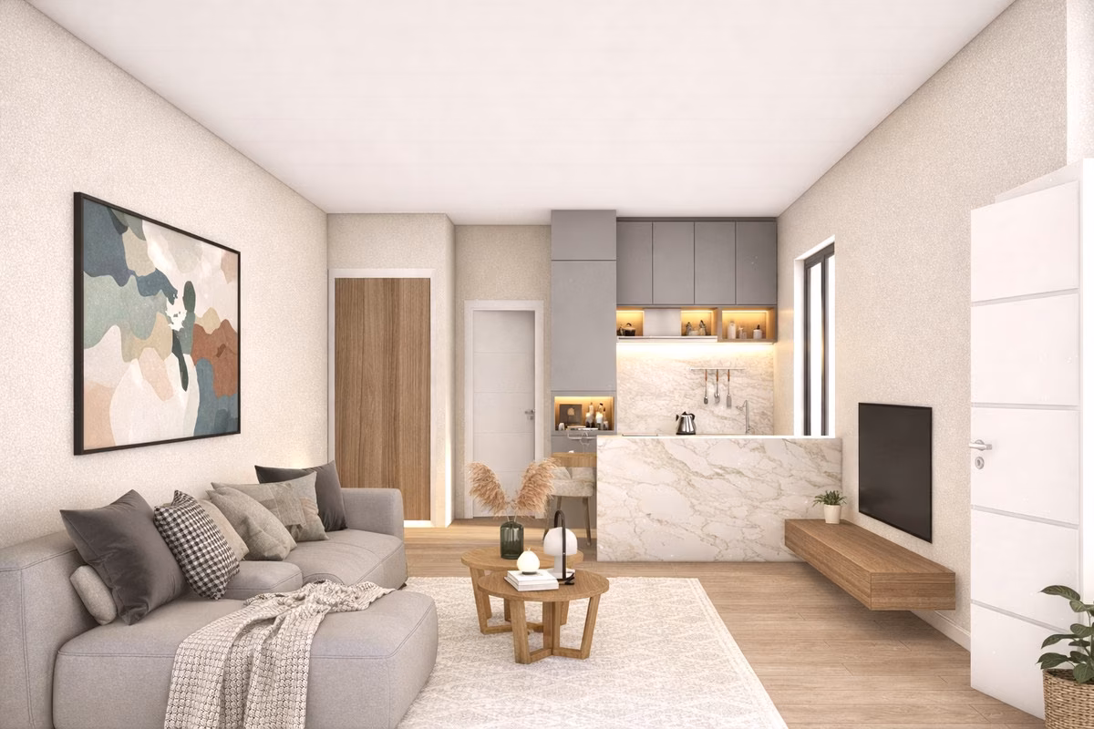 Living room with corner sofa, kitchen with marble-effect splashback behind