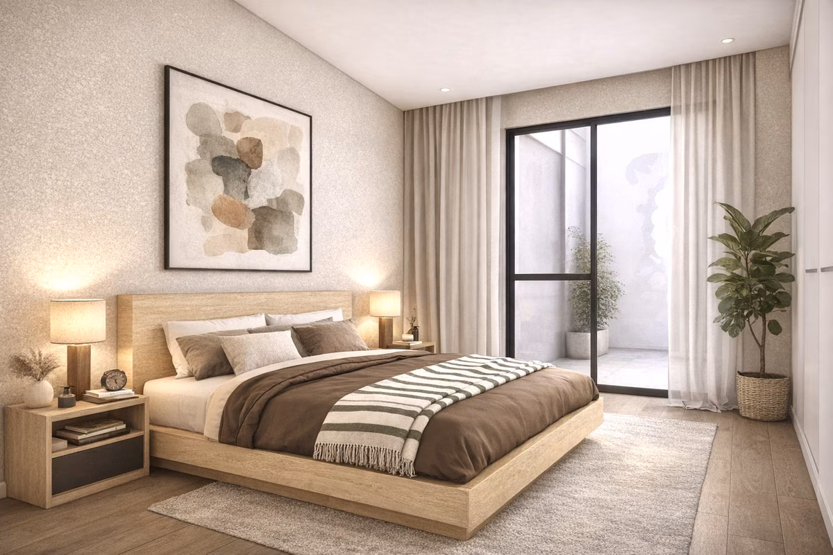Bedroom with wooden bed and glass door to a patio