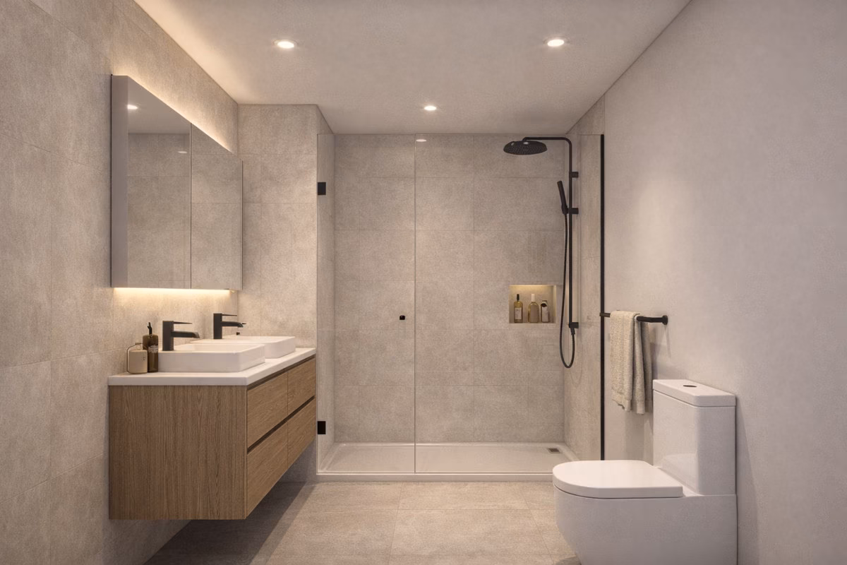 Bathroom with walk-in shower and wall-hung vanity
