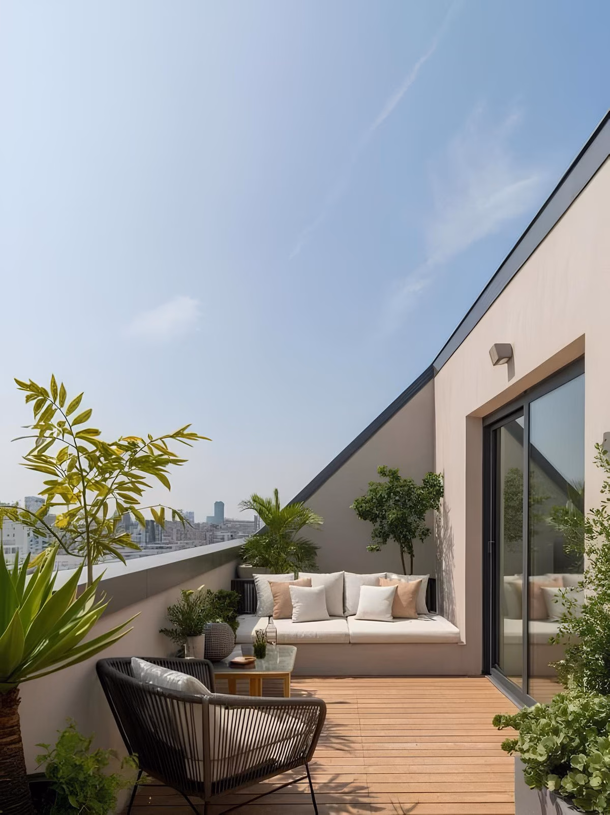 Penthouse terrace with outdoor sofa and planters