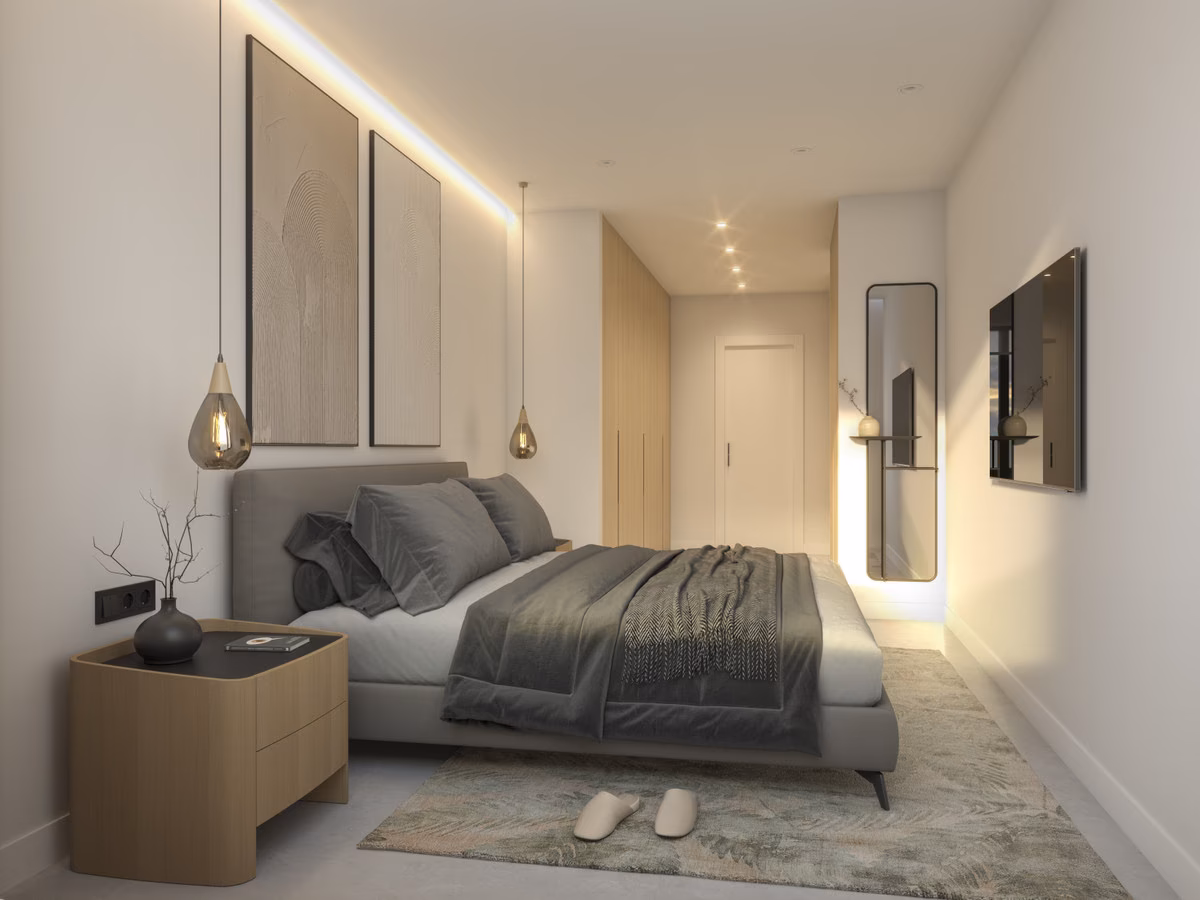 Schlafzimmer mit Doppelbett und indirekter Beleuchtung, Santa Pola Elegance