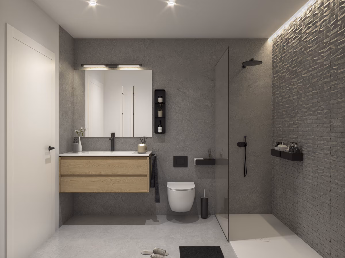 Bad mit bodengleicher Dusche und grauen Fliesen, Santa Pola Elegance