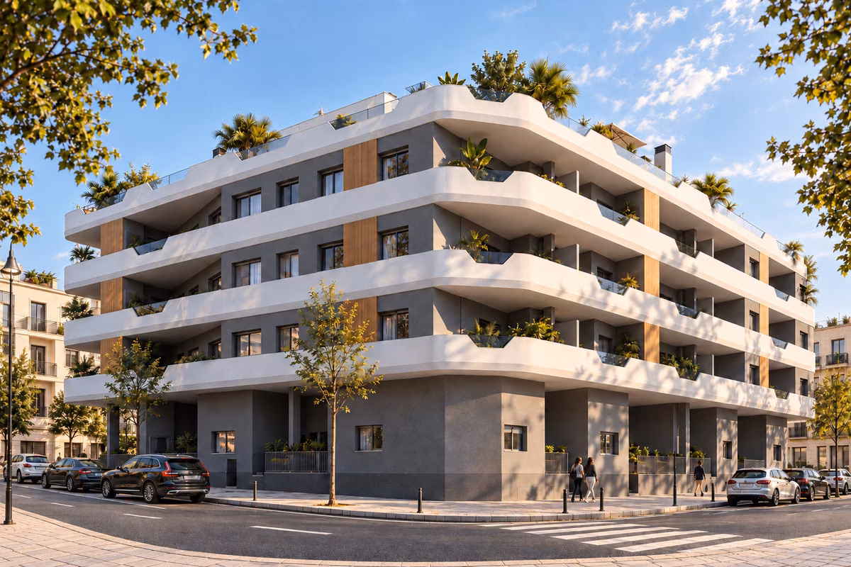Corner apartment block with rounded white balconies and street trees