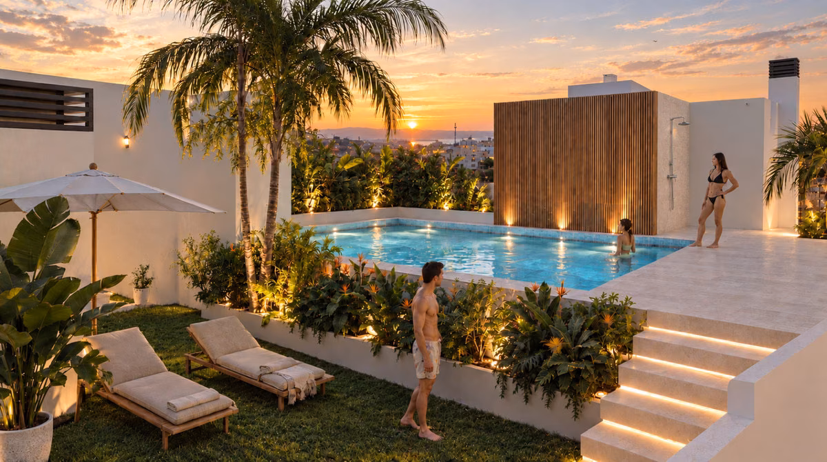 Roof-deck pool with sun loungers at sunset