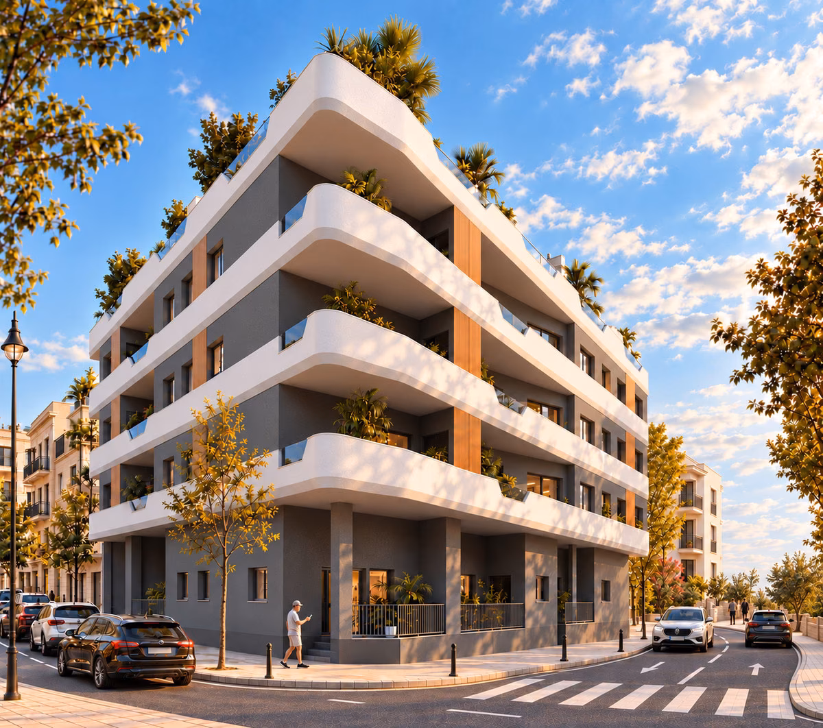 Corner of the building with planted balconies