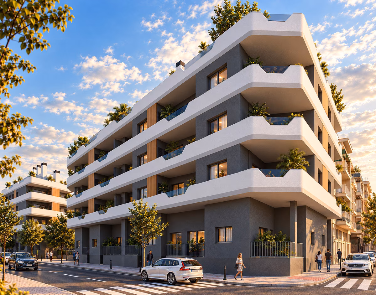 Street view of the block with balconies on every floor