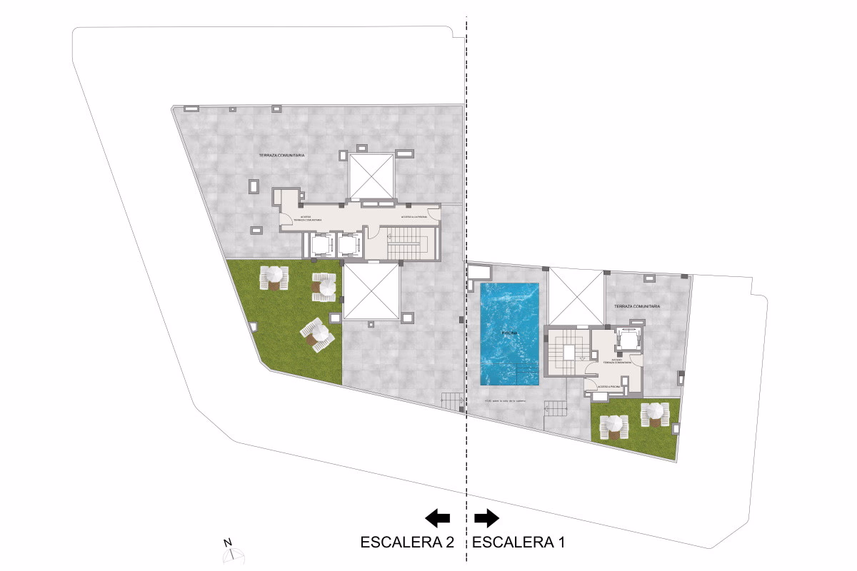 Roof plan of both buildings: communal roof terraces with lawns and sun loungers and a swimming pool on the roof of staircase 1