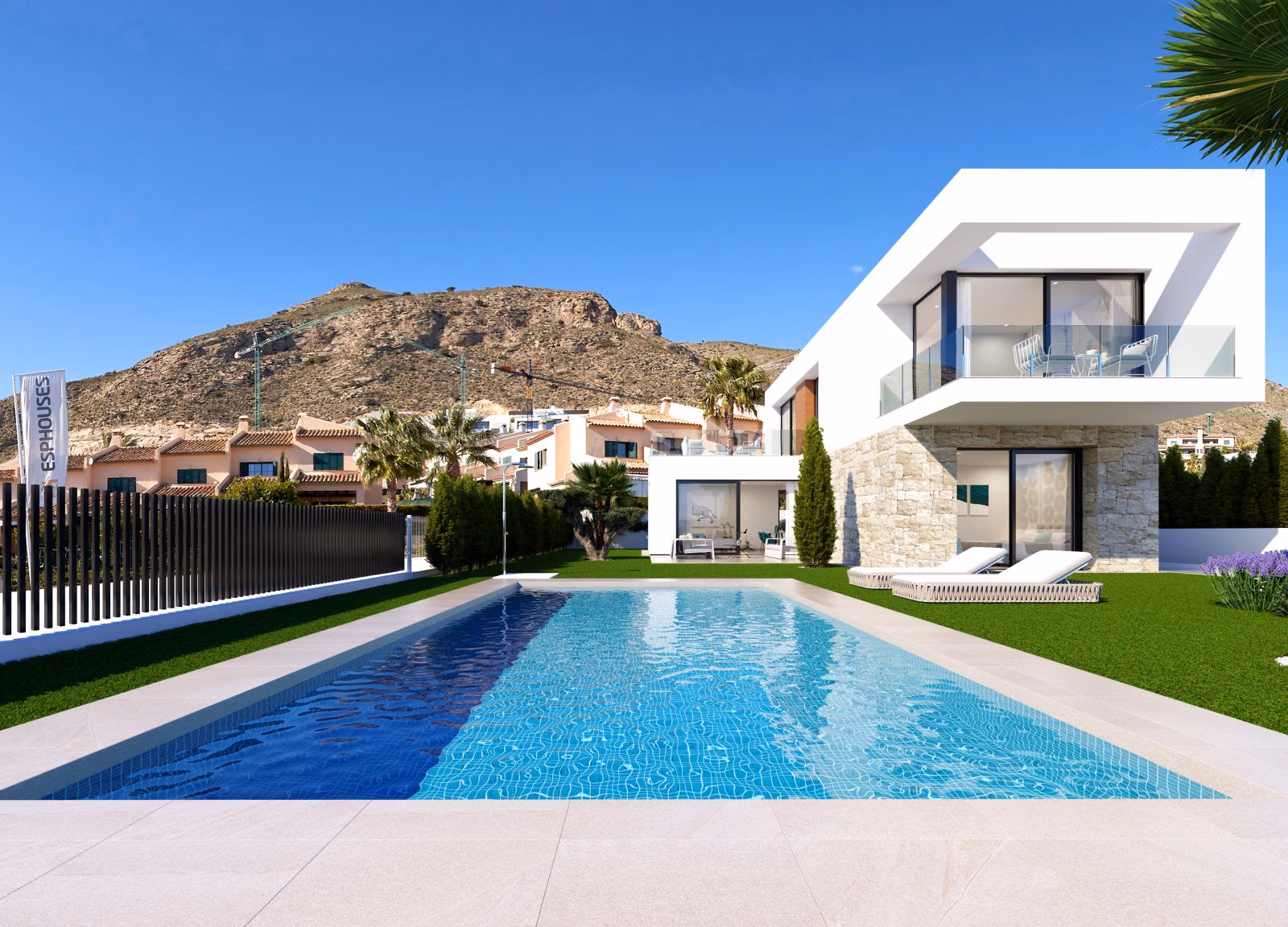 Detached Seaview 6 villa with private pool against the Sierra Cortina hills