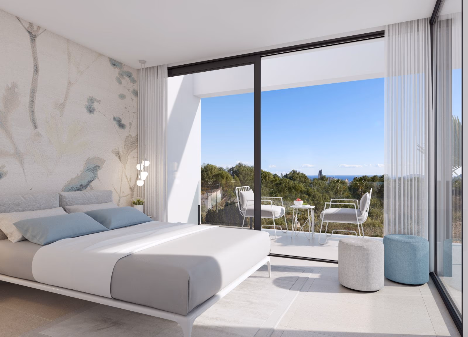 Bedroom with floor-to-ceiling windows and a terrace with sea views