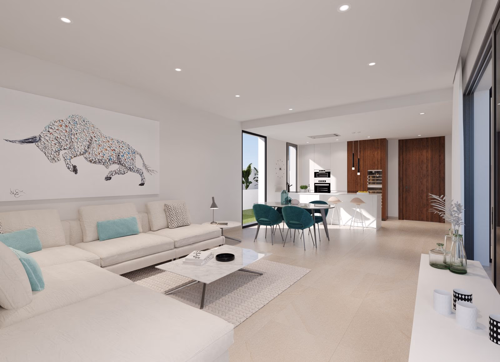 Open-plan living room and kitchen with a dining area