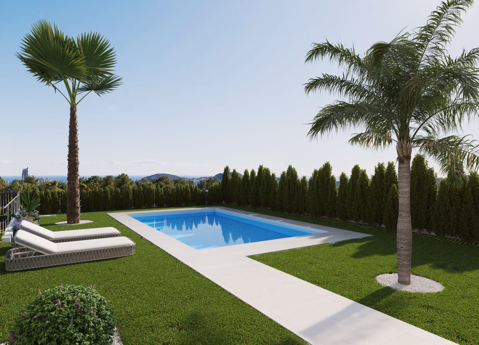 Private pool and garden with distant sea views