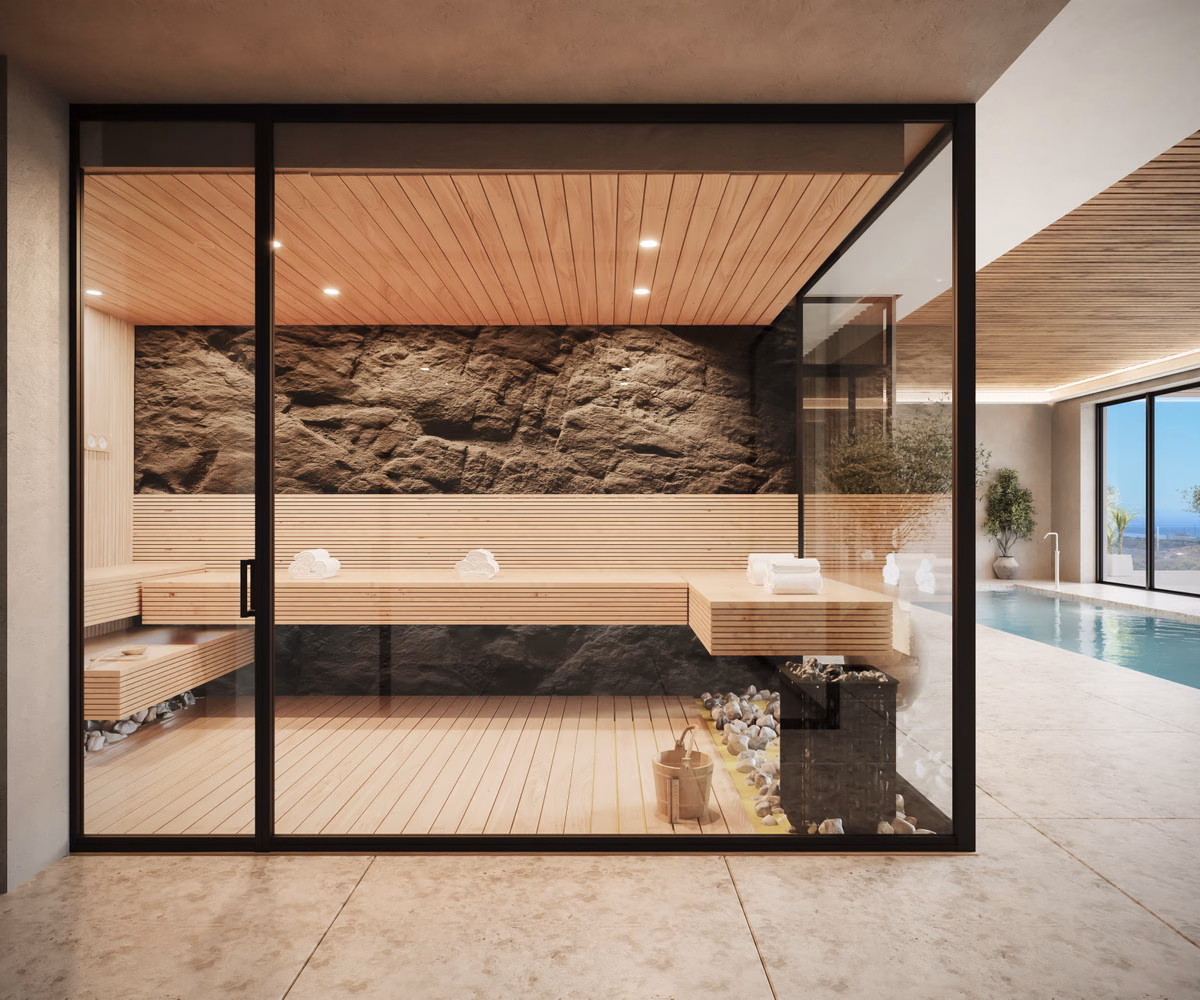 Sauna with stone wall in the Serenity Hills spa