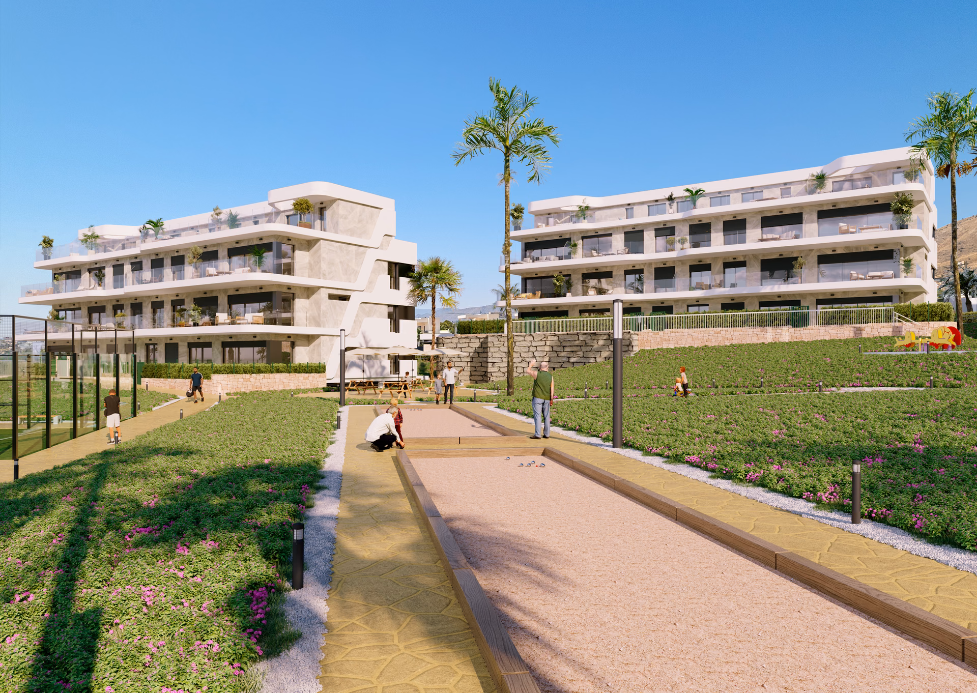 Render: two apartment blocks above the pétanque court and flowering gardens