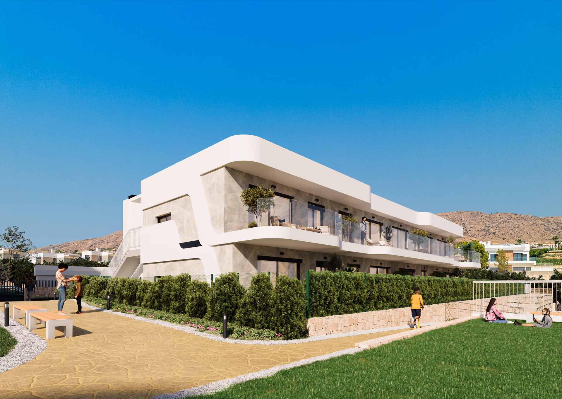 Render: ground-floor apartments with private gardens along a lawn