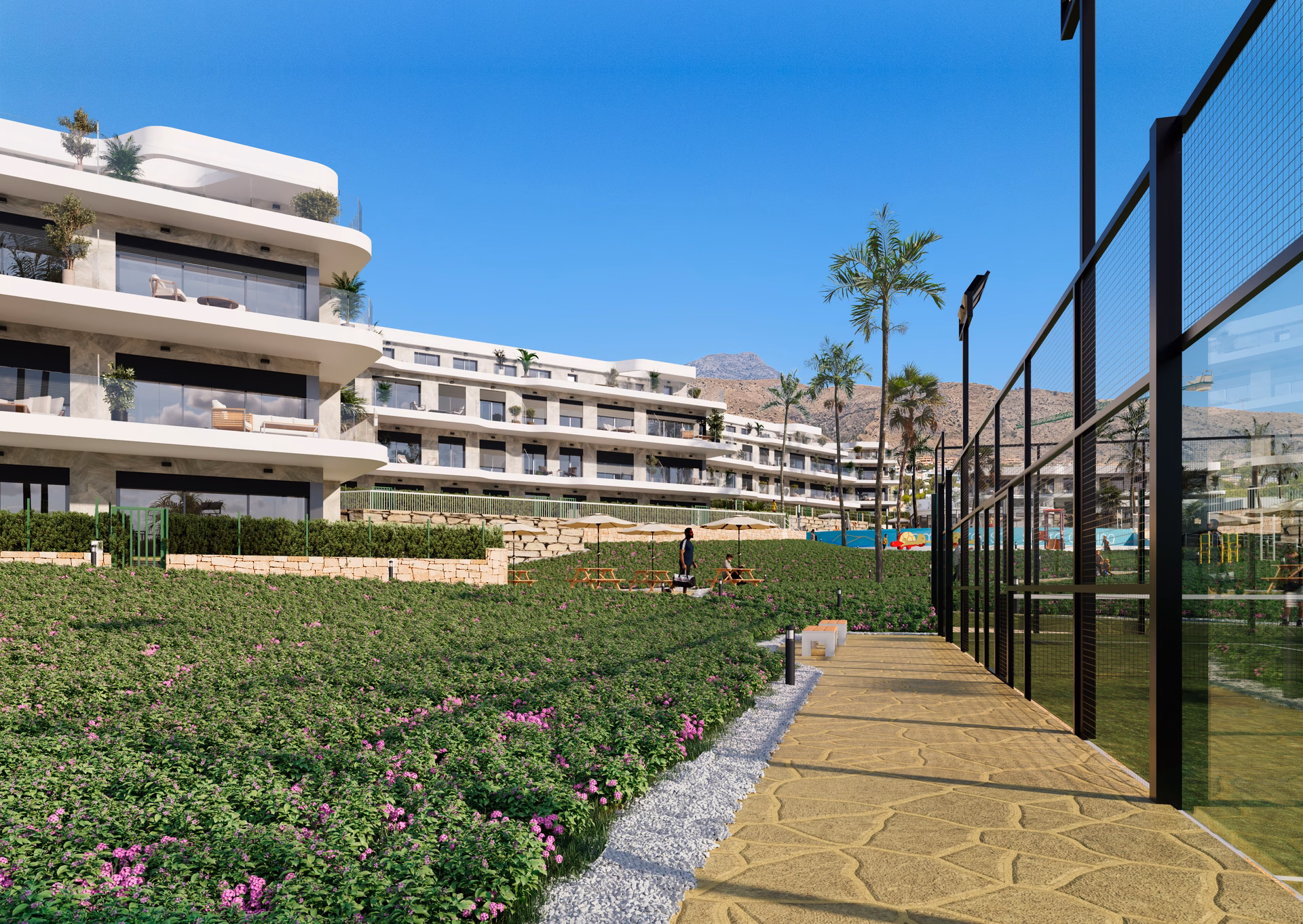 Render: apartment blocks with the padel court and landscaped paths